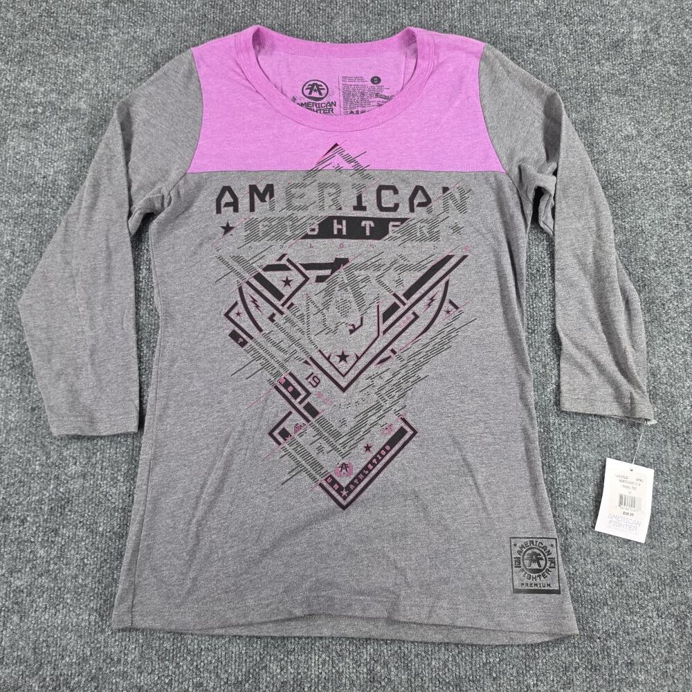 American Fighter Nantucket Women's 3/4 Sleeve Graphic Panel Tee Gray Pink Size M